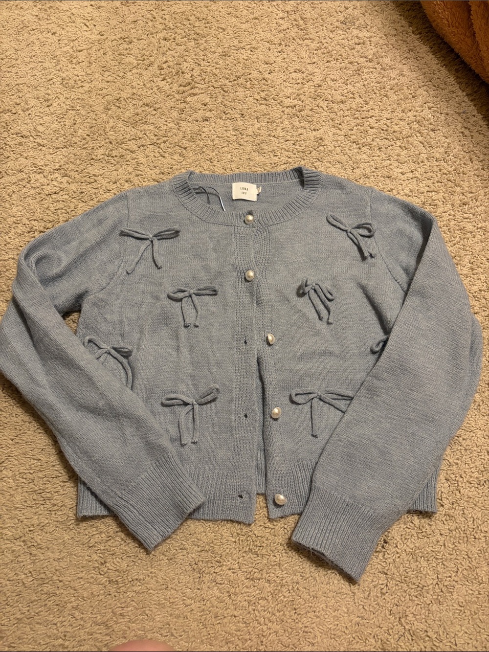 Bow-Appliqué Light Blue Cardigan Sweater